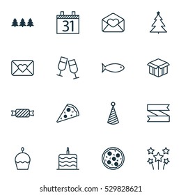 Set Of 16 Celebration Icons. Can Be Used For Web, Mobile, UI And Infographic Design. Includes Elements Such As Celebration Cake, Champagne Glasses, Birthday Hat And More.