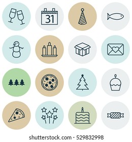 Set Of 16 Celebration Icons. Can Be Used For Web, Mobile, UI And Infographic Design. Includes Elements Such As Open Cardboard, Sliced Pizza, Celebration Letter And More.