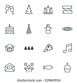 Set Of 16 Celebration Icons. Can Be Used For Web, Mobile, UI And Infographic Design. Includes Elements Such As Fishing, Birthday Cake, Holiday Ornament And More.