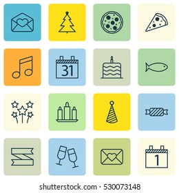 Set Of 16 Celebration Icons. Can Be Used For Web, Mobile, UI And Infographic Design. Includes Elements Such As Fishing, Greeting Email, Date And More.