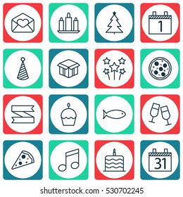 Set Of 16 Celebration Icons. Can Be Used For Web, Mobile, UI And Infographic Design. Includes Elements Such As Open Cardboard, Wax, Blank Ribbon And More.