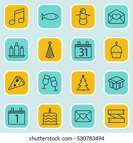 Set Of 16 Celebration Icons. Can Be Used For Web, Mobile, UI And Infographic Design. Includes Elements Such As Agenda, Winter, Date And More.