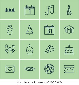Set Of 16 Celebration Icons. Includes Birthday Cake, Winter, Celebration Cake And Other Symbols. Beautiful Design Elements.