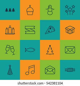Set Of 16 Celebration Icons. Includes Birthday Cake, Open Cardboard, Blank Ribbon And Other Symbols. Beautiful Design Elements.