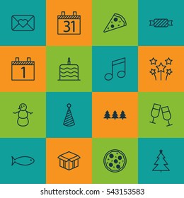 Set Of 16 Celebration Icons. Includes Champagne Glasses, Agenda, Sliced Pizza And Other Symbols. Beautiful Design Elements.