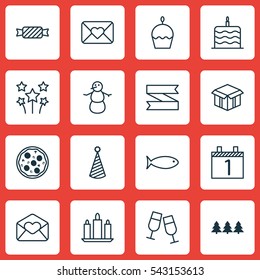Set Of 16 Celebration Icons. Includes Champagne Glasses, Wax, Festive Fireworks And Other Symbols. Beautiful Design Elements.