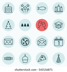 Set Of 16 Celebration Icons. Includes Sweet, Celebration Letter, Birthday Hat And Other Symbols. Beautiful Design Elements.