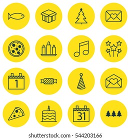 Set Of 16 Celebration Icons. Includes Celebration Cake, Greeting Email, Date And Other Symbols. Beautiful Design Elements.