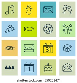 Set Of 16 Celebration Icons. Includes Celebration Letter, Date, Open Cardboard And Other Symbols. Beautiful Design Elements.