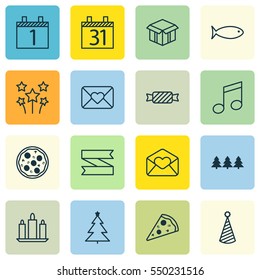 Set Of 16 Celebration Icons. Includes Crotchets, Holiday Ornament, Festive Fireworks And Other Symbols. Beautiful Design Elements.