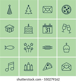 Set Of 16 Celebration Icons. Includes Decorated Tree, Crotchets, Champagne Glasses And Other Symbols. Beautiful Design Elements.