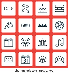 Set Of 16 Celebration Icons. Includes Celebration Cake, Sliced Pizza, Greeting Email And Other Symbols. Beautiful Design Elements.
