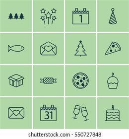 Set Of 16 Celebration Icons. Includes Birthday Hat, Celebration Letter, Pizza Meal And Other Symbols. Beautiful Design Elements.