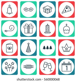 Set Of 16 Celebration Icons. Includes Birthday Hat, Champagne Glasses, Open Cardboard And Other Symbols. Beautiful Design Elements.