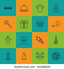 Set Of 16 Celebration Icons. Includes Winter, Knitted Cap, Celebration Card And Other Symbols. Beautiful Design Elements.
