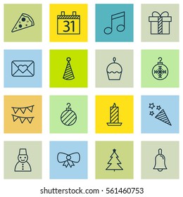 Set Of 16 Celebration Icons. Includes Sliced Pizza, Birthday Cake, Gift And Other Symbols. Beautiful Design Elements.