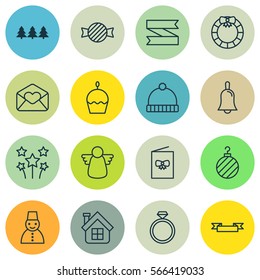 Set Of 16 Celebration Icons. Includes Christmas Ball, Birthday Cake, Residential And Other Symbols. Beautiful Design Elements.