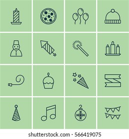 Set Of 16 Celebration Icons. Includes Sparkles, Air Ball, Birthday Hat And Other Symbols. Beautiful Design Elements.