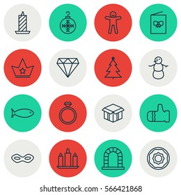 Set Of 16 Celebration Icons. Includes Corona, Arch, Fishing And Other Symbols. Beautiful Design Elements.
