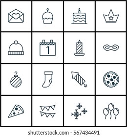 Set Of 16 Celebration Icons. Includes Decorative Flags, Star Snow, Air Ball And Other Symbols. Beautiful Design Elements.