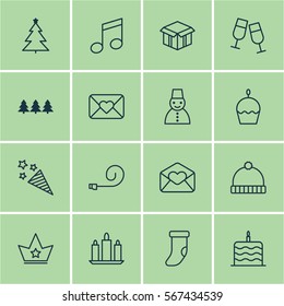 Set Of 16 Celebration Icons. Includes Celebration Letter, Corona, Decorated Tree And Other Symbols. Beautiful Design Elements.