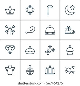 Set Of 16 Celebration Icons. Includes Lollipop, Decorative Flags, Festive Fireworks And Other Symbols. Beautiful Design Elements.