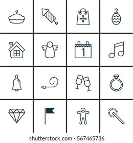 Set Of 16 Celebration Icons. Includes Flan, Archangel, Residential And Other Symbols. Beautiful Design Elements.