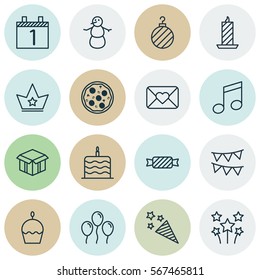 Set Of 16 Celebration Icons. Includes Air Ball, Open Cardboard, Firecracker And Other Symbols. Beautiful Design Elements.