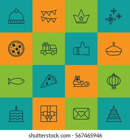 Set Of 16 Celebration Icons. Includes Gift Surprise, Star Snow, Knitted Cap And Other Symbols. Beautiful Design Elements.