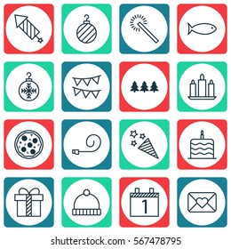 Set Of 16 Celebration Icons. Includes Fishing, Firecracker, Pizza Meal And Other Symbols. Beautiful Design Elements.