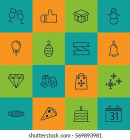 Set Of 16 Celebration Icons. Includes Brilliant, Handbell, Lorry Birthday Symbols. Beautiful Design Elements.