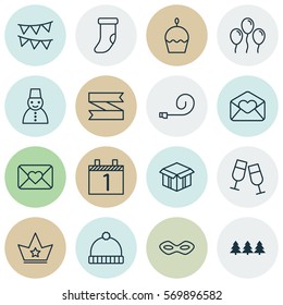 Set Of 16 Celebration Icons. Includes Open Cardboard, Holiday Ornament, Birthday Cake And Other Symbols. Beautiful Design Elements.