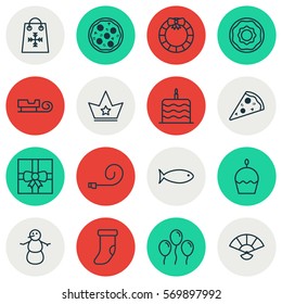 Set Of 16 Celebration Icons. Includes Fireplace Decoration, Sliced Pizza, Fishing And Other Symbols. Beautiful Design Elements.