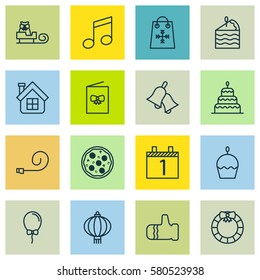 Set Of 16 Celebration Icons. Includes Garland , Traditional Lamp , Cake Piece Symbols. Beautiful Design Elements.