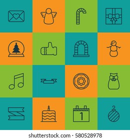 Set Of 16 Celebration Icons. Includes Lollipop, Present Pouch, Blank Ribbon And Other Symbols. Beautiful Design Elements.