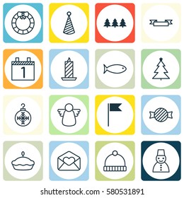 Set Of 16 Celebration Icons. Includes Knitted Cap, Fishing, Agenda And Other Symbols. Beautiful Design Elements.