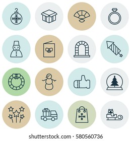 Set Of 16 Celebration Icons. Includes Wedding Jewel, Arch, Celebration Card And Other Symbols. Beautiful Design Elements.