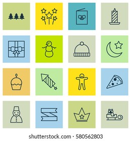 Set Of 16 Celebration Icons. Includes Shortcake, Sleigh, Blank Ribbon And Other Symbols. Beautiful Design Elements.