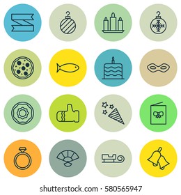 Set Of 16 Celebration Icons. Includes Sled, Tree Toy, Fishing And Other Symbols. Beautiful Design Elements.