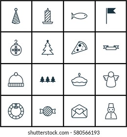 Set Of 16 Celebration Icons. Includes Garland , Flan, Snow Person Symbols. Beautiful Design Elements.
