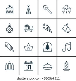 Set Of 16 Celebration Icons. Includes Ringer, Lorry Birthday, Firework And Other Symbols. Beautiful Design Elements.