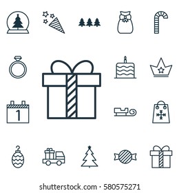 Set Of 16 Celebration Icons. Includes Trading, Lorry Birthday, Magic Sphere And Other Symbols. Beautiful Design Elements.