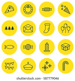 Set Of 16 Celebration Icons. Includes Garland , Holiday Ornament, Toffee Candy Symbols. Beautiful Design Elements. Set Of 16 Celebration Icons. Includes Garland , Holiday Ornament, Toffee Candy Symbols. Beautiful Design Elements.