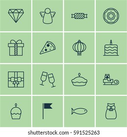 Set Of 16 Celebration Icons. Includes Gift Surprise, Sweet, Traditional Lamp And Other Symbols. Beautiful Design Elements.