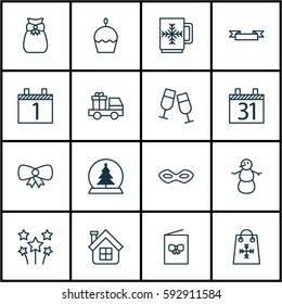Set Of 16 Celebration Icons. Includes Carnival Face, Present Pouch, Winter And Other Symbols. Beautiful Design Elements.