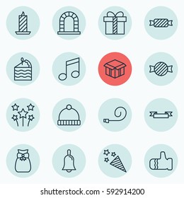 Set Of 16 Celebration Icons. Includes Open Cardboard, Celebrate Whistle, Knitted Cap And Other Symbols. Beautiful Design Elements.