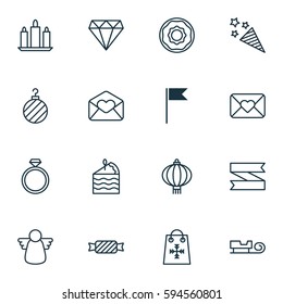 Set Of 16 Celebration Icons. Includes Firecracker, Greeting Email, Celebration Letter And Other Symbols. Beautiful Design Elements.