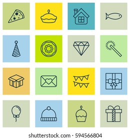 Set Of 16 Celebration Icons. Includes Gift, Flan, Fishing And Other Symbols. Beautiful Design Elements.