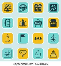 Set Of 16 Celebration Icons. Includes Dessert, Flag Point, Wax And Other Symbols. Beautiful Design Elements.