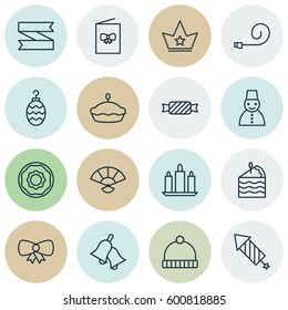 Set Of 16 Celebration Icons. Includes Ringer, Flan, Wax And Other Symbols. Beautiful Design Elements.